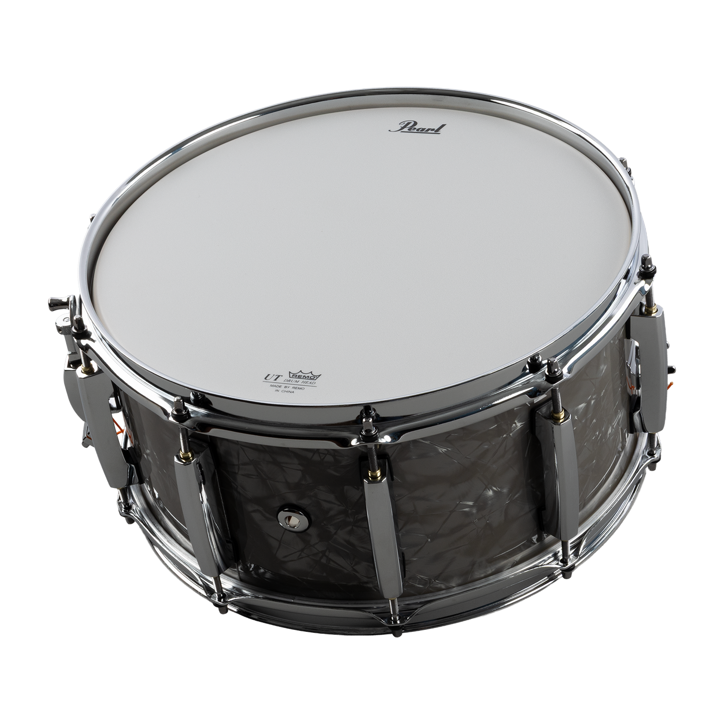 Black snare drum with white drumhead on a white background