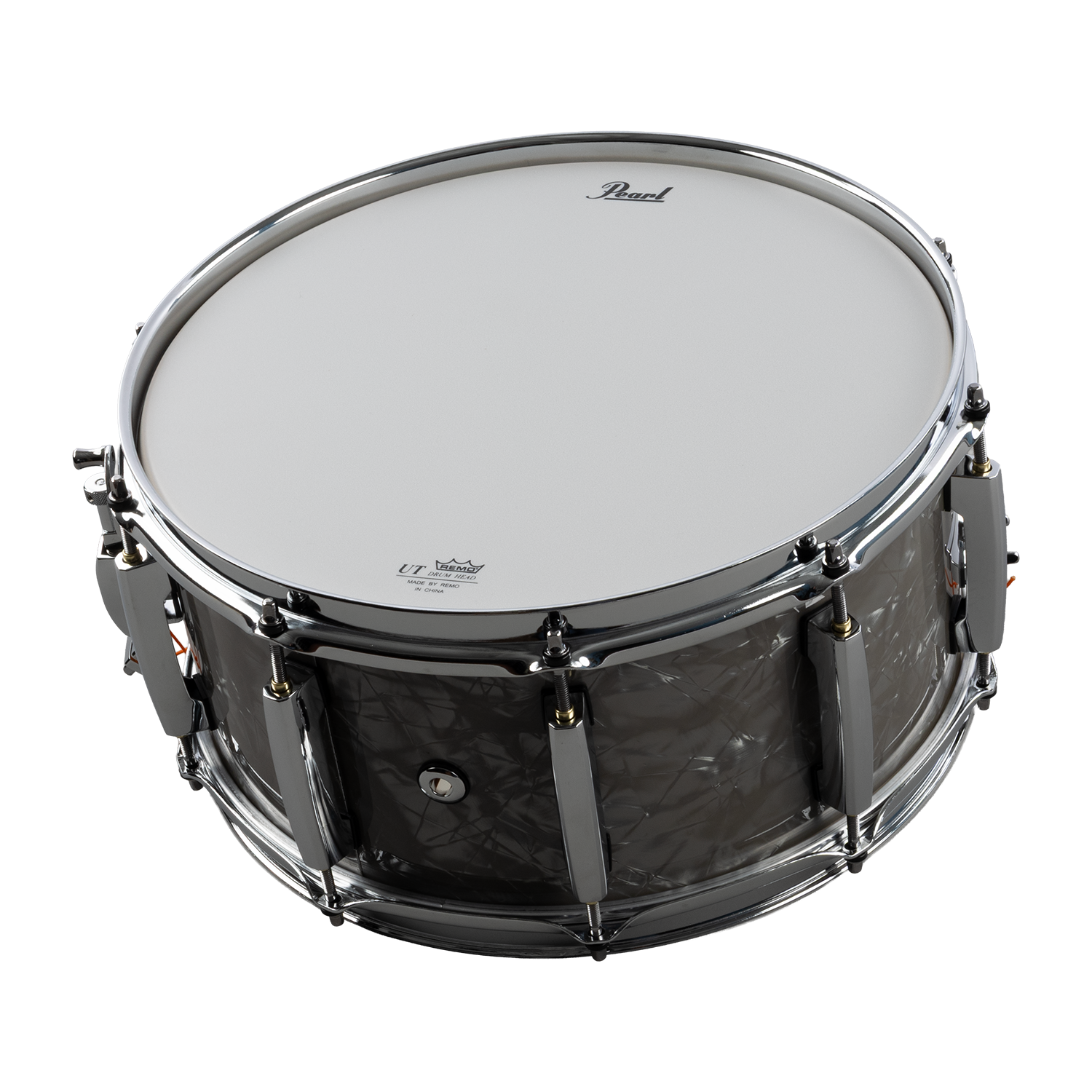 Black snare drum with white drumhead on a white background