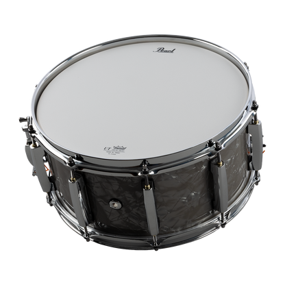 Black snare drum with white drumhead on a white background