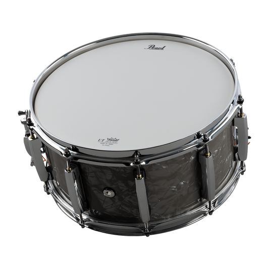 Black snare drum with white drumhead on a white background